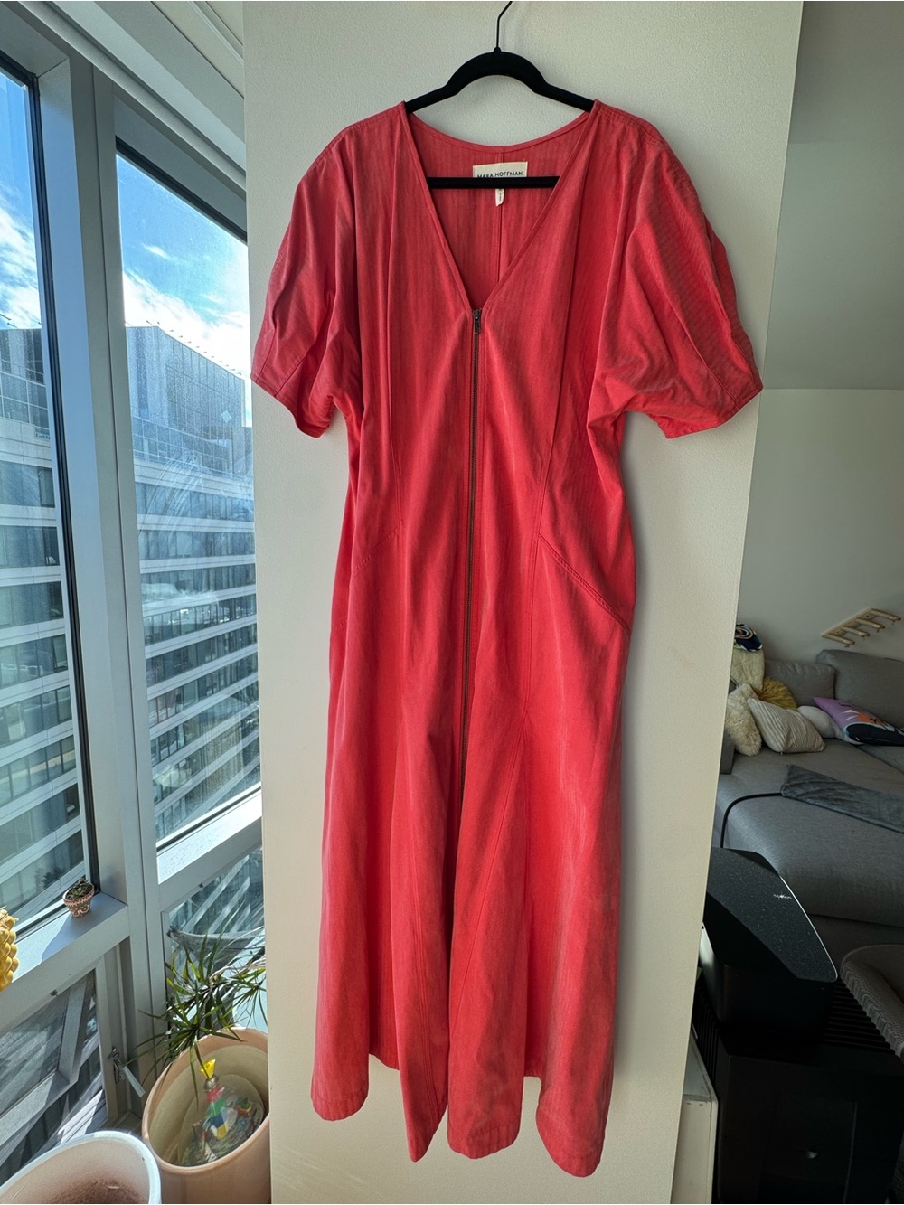 Mara Hoffman Coral V-Neck Midi Dress with Front Zip